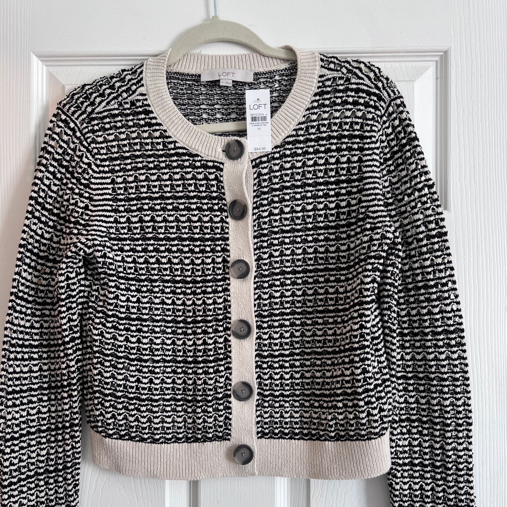LOFT Cream and Black Button-Up Cardigan